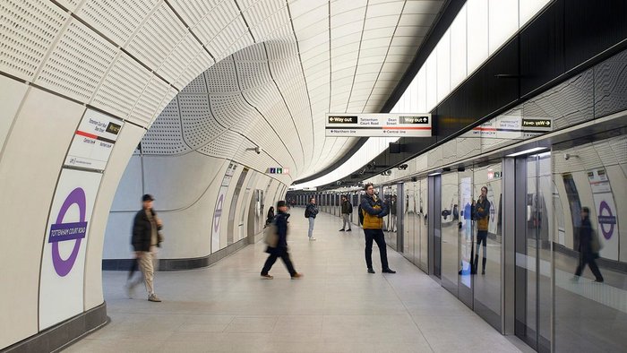 Tottenham Court Road is the one curving platform on the line, avoiding the foundations of Centre Point above.