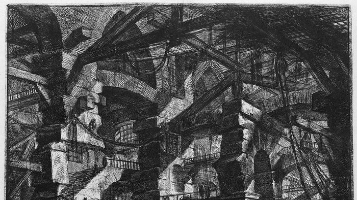 The 16 prints of Piranesi’s Carceri d’invenzione – imaginary prisons – depict labyrinthine subterranean structures, whose claustrophobic intensity is not allayed by their seemingly endless extent
