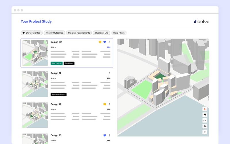 Delve exploits cloud computation and machine learning to sort through competing project considerations, such as density, daylight, amenity access and infrastructure, while also taking into account project priorities, constraints, and the site context.