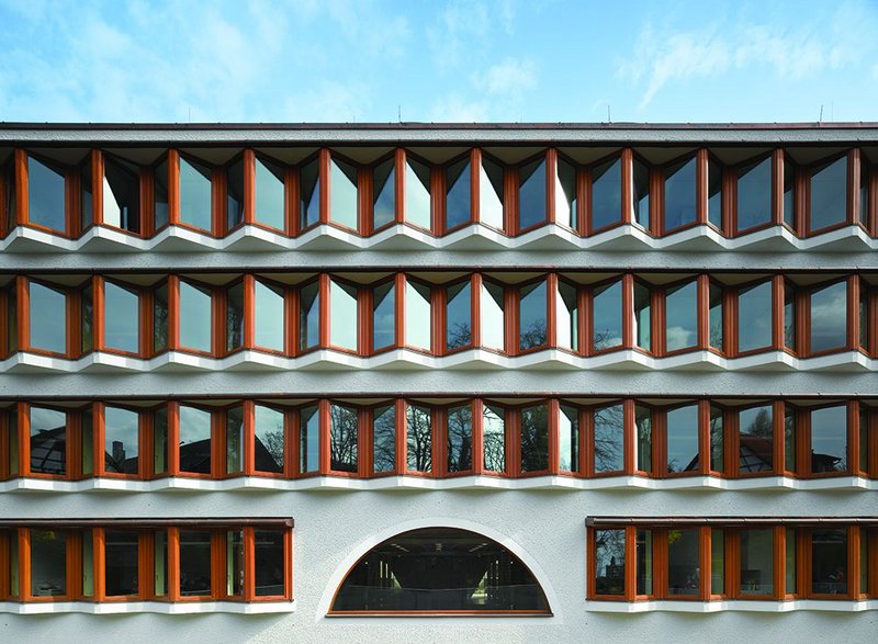 The mix of local vernacular and post modern influences generates a strange but compelling facade. This view is of the main entrance hall looking southeast.