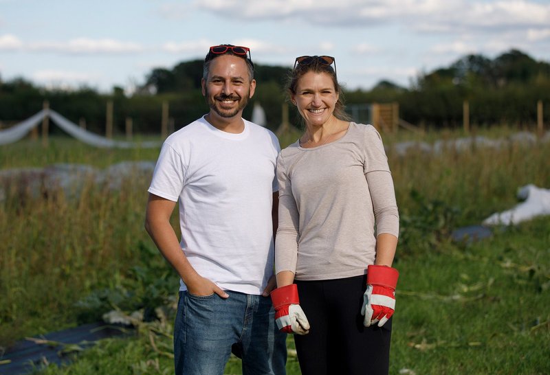 Chris Thornhill and Jen Bayford, Growth Animals directors, volunteering at Farmer Tom’s Garden Army.