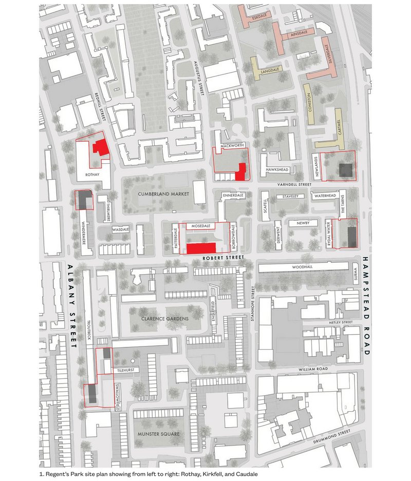 Site plan of the estate with new blocks marked. Those in red by Mae, those in dark grey by Matthew Lloyd Architects. The pink blocks at top right are the Gibberd ones now demolished to widen the railway tracks for HS2