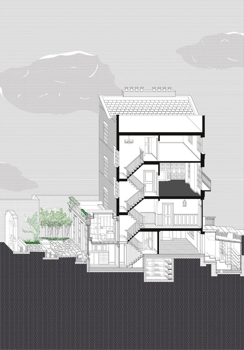 Perspective section of original house and the new extensions, in a similar style to contemporary Georgian drawings.