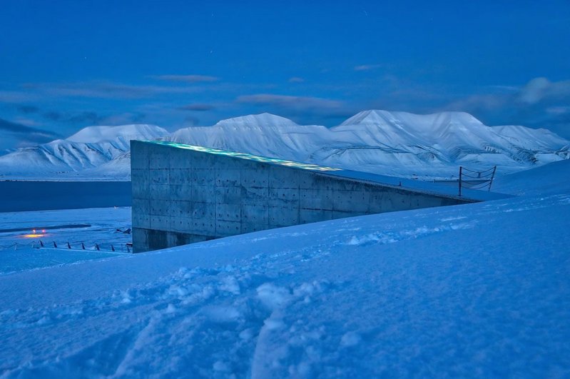 The Svalbard Global Seed Vault keeps its collection of vulnerable food crop seeds safe deep inside a mountain on the Svalbard archipelgo, between mainland Norway and the north pole. It is planned to last 1000 years.