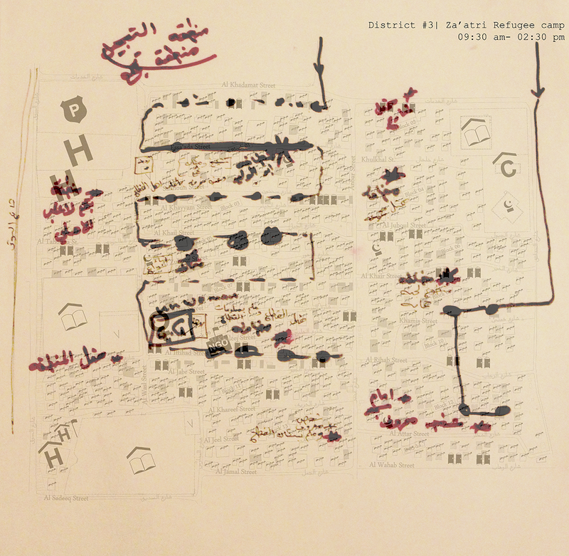 A map drawn by one community mobiliser (AJ) that shows the route that he follows through his everyday walks in district three in Za’atri refugee camp.