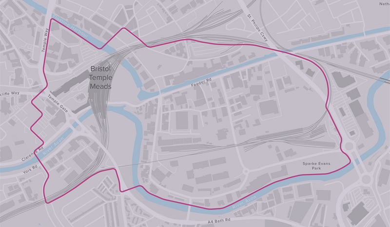 The area designated as Temple Quarter Enterprise Zone with the tracks of Temple Meads Station. Mott MacDonald, Weston Williamson and AWW.