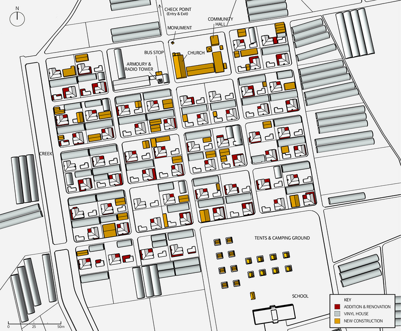 Map showing Yugok-ri's change in building footprint between 1973–2019.