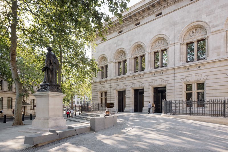 The new entrance and forecourt at the National Portrait Gallery, London. Three windows on the north façade have been converted into doorways to enable step-free access.