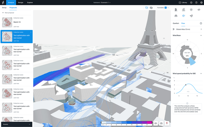 Spacemaker analysis of wind on a development in Paris.