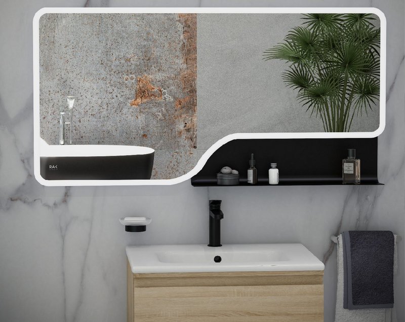 Fresh new looks for elegant bathrooms: RAK-Ornate mirror with RAK-Joy wall-hung basin unit and ceramic drop-in basin with RAK-Petit round basin mixer, all RAK Ceramics.