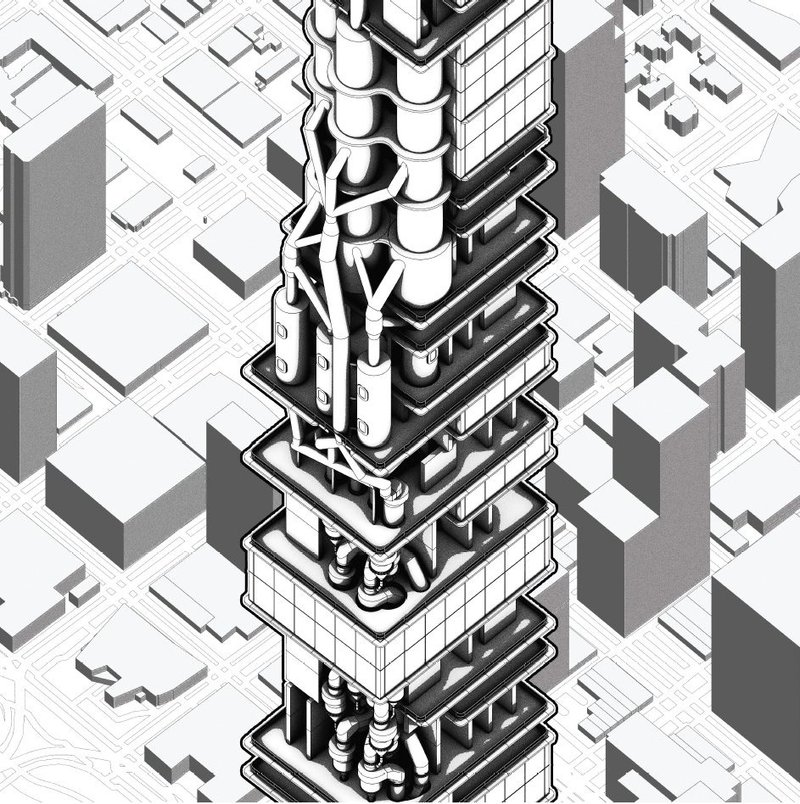 A supertall skyscraper integrating a vertical cement production plant and thermal battery form part of Joshua Krull’s submission CemEnergy