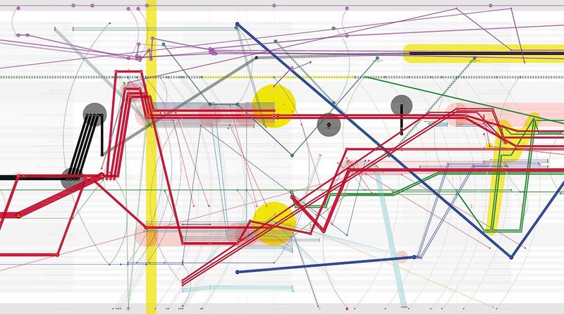 Mural plotting the narrative trajectories of different participants, both victims and perpetrators, in the forced disappearance of 43 Ayotzinapa students in Iguala, Mexico, 26-27 September 2014. The simplified narrative presented by the federal attorney general and announced as the 'historical truth' (drawn in thick black line) is contrasted with the complex version derived from the testimonies of the surviving students and those provided by the Independent Group of Experts (GIEI).