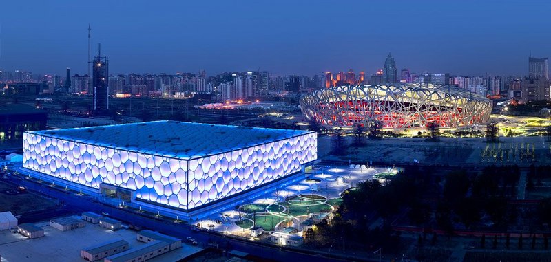 ‘A piece of magic’: Beijing National Aquatics Centre,  The Water Cube (foreground), 2008, with PTW Architects