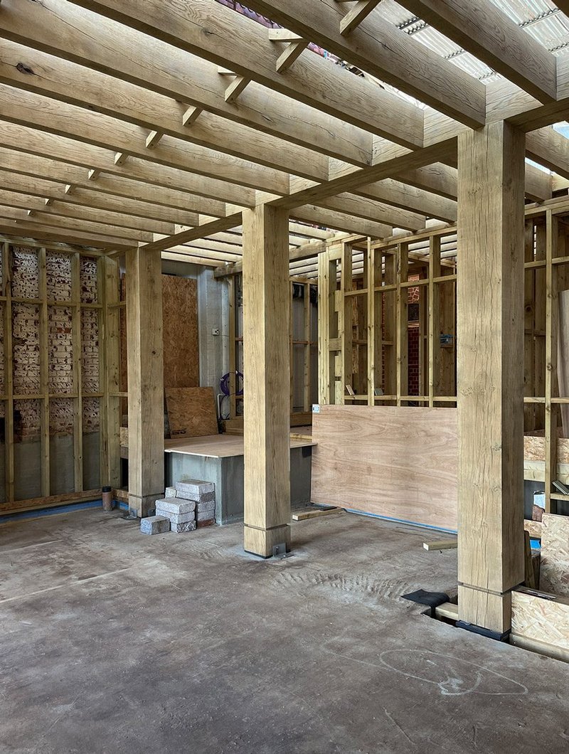 Green Oak Carpentry created a large green oak structure for a private project to extend a house in the Surrey Hills. Credit: Sanchez Benton