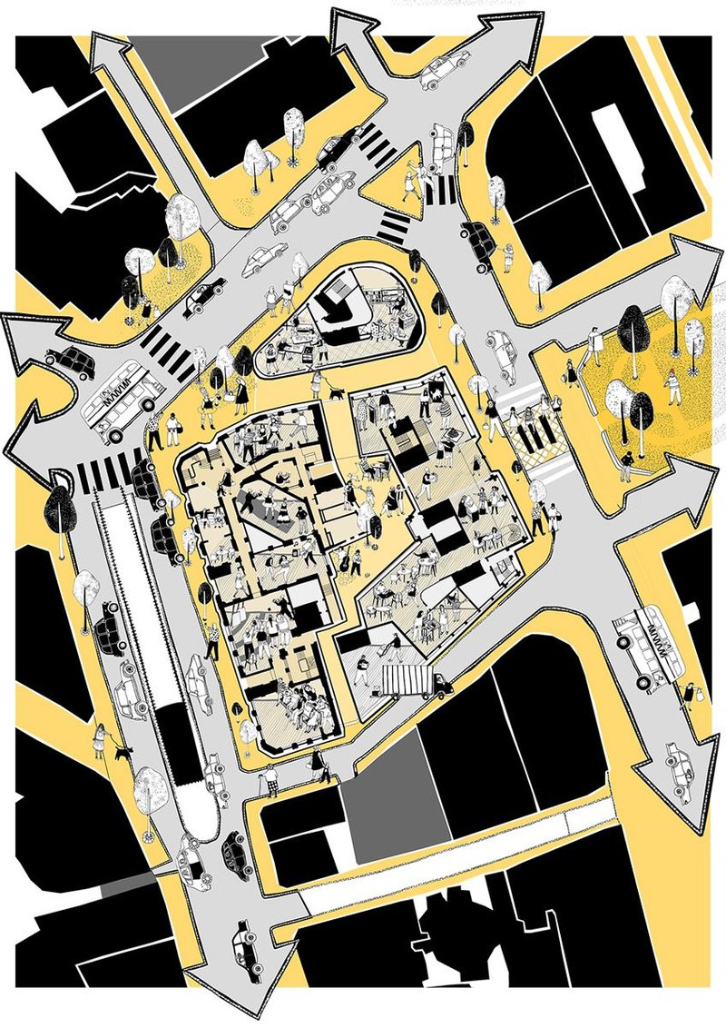 Illustration of the former Central St Martins ground floor. Beispiel worked with Orms on the cultural offering of the project.