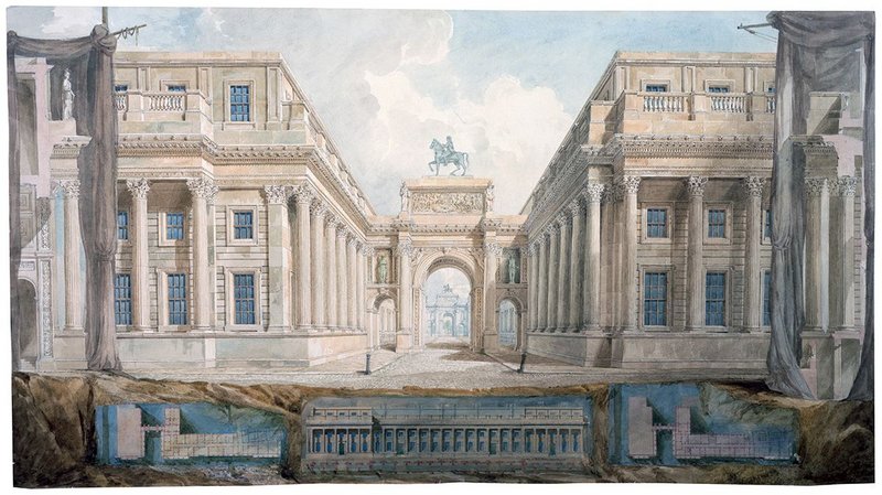 Gandy draws Soane's designs for a triumphal arch on Downing Street.
