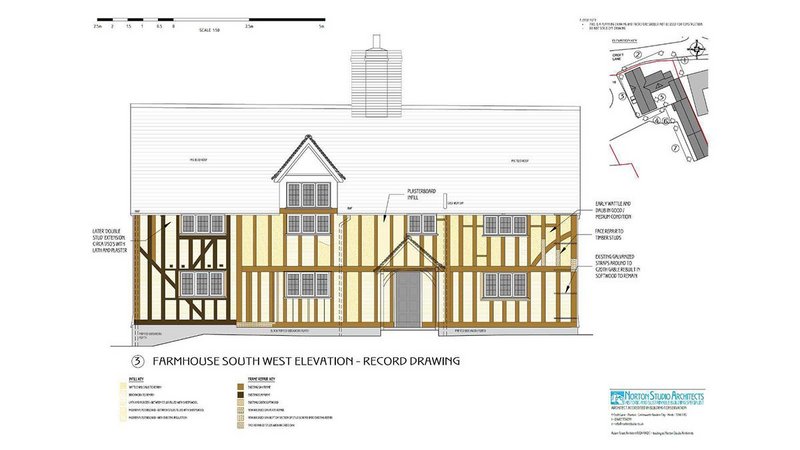 Southwest elevation for the repair of a 17th-century farmhouse by Adam Grant of Norton Studio Architects.