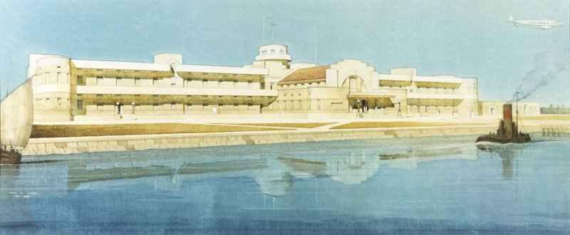 Airport Terminal Basra, Iraq. Designed by J M Wilson with H C Mason. Drawn by Cyril Farey, 1937.