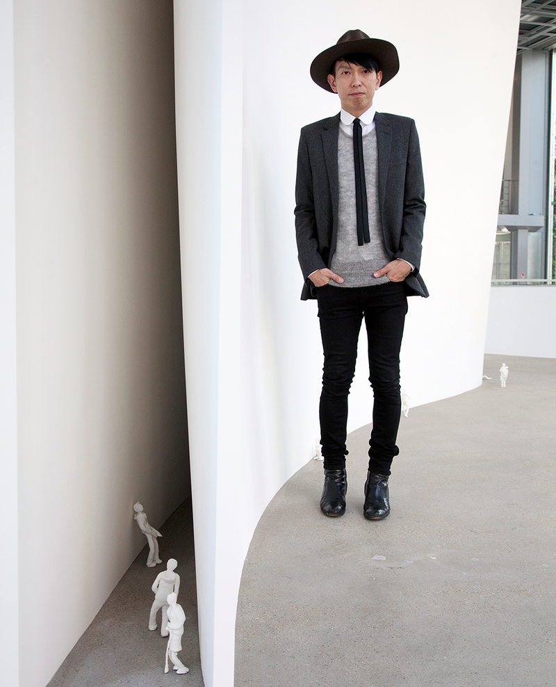 Ishigami beside the large-scale model of his ‘Chapel of Valley’ in Shanding, China. Tall and narrow, it is, he claims, a distillation of the valley itself.