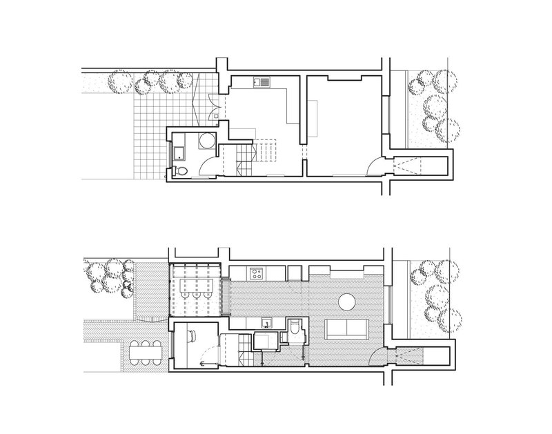 Existing and final ground floor plan.