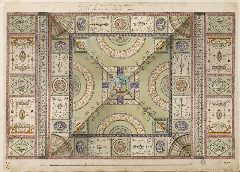 Finished drawing showing the ceiling of the great drawing room at 23 Grosvenor Square, 1773.