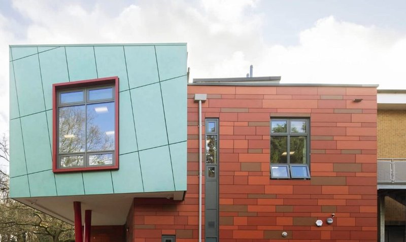 Supporting clients at every stage: Valcan Ceramapanel A1 fire rated fibre cement cladding at Vyners High School in Hillingdon. Noviun Architects.