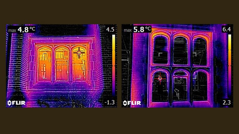 Thermal imagery before and after the 2017 refurbishment of the Armstrong building at Newcastle University. Howarth Litchfield architects.