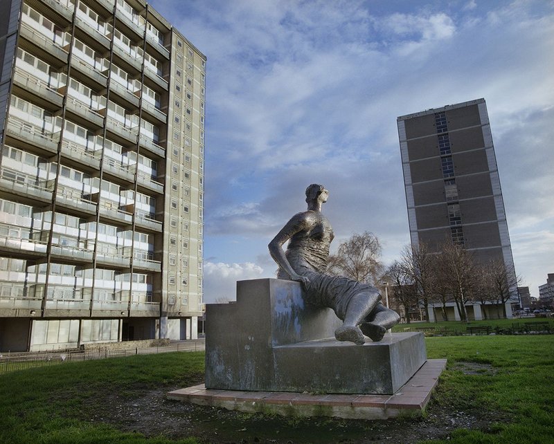 Art for public housing, at least briefly: Draped Seated Woman’Old Flo’ by Henry Moore, 1957–58, Taken when still at Stifford Estate, London.