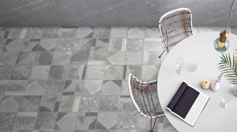 Agnes by Dune, Emporio Collection. Wall and floor porcelain tiles in 12 distinctly contemporary designs and a palette of beige and grey that can be randomly mixed. Décor tile in 20x20cm format and a variety of plain formats also available.