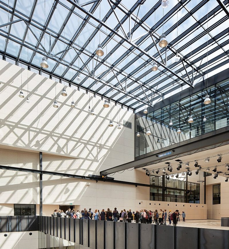 The massive first floor project room, looking west. Originally designed as an open space, it is now an enclosed winter garden.