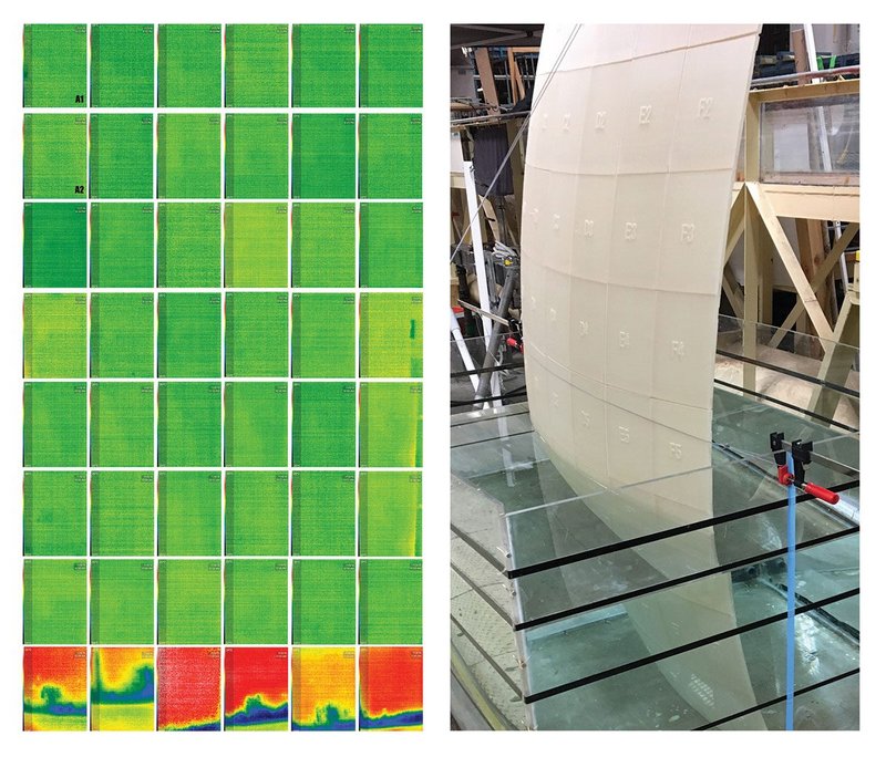 Figure 2: Left: Infrared Imaging (IR) of Flat Wall experiment of 48 Cork-PLA-PHA panels and capillary/dampness analysis. Right-Top: Cork-PLA-PHA wall experiment in water tank; PLA-PHA wall experiment in water tank; Below: Panel assemblage of double curvature wall without any mechanical joints held only by friction of slip joints.