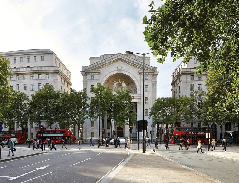 Bush House, sitting at the centre of Irving T Bush’s Aldwych complex, terminates the view from Kingsway.