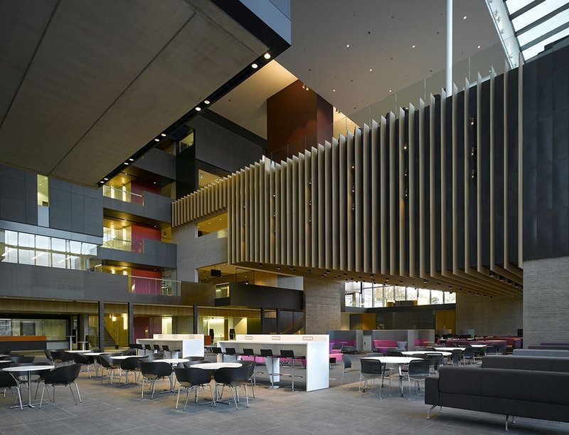 The main space is intersected by the university’s various functions including the concertina-like box of a lecture theatre.