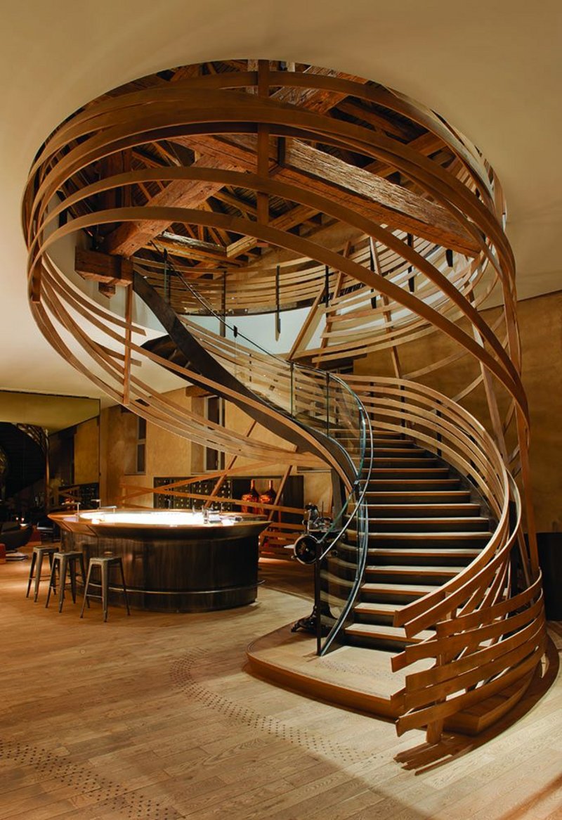 The monumental stair from the restaurant lobby to the first floor dining hall and kitchen