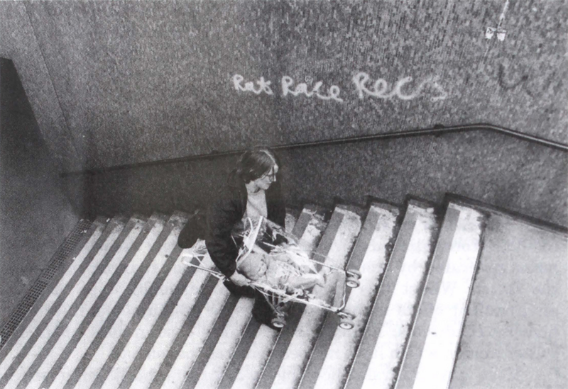 Matrix founding member Anne Thorne carries a pram up the steps of a subway in Aldgate, East London from ‘Urban Obstacle Courses’ in Making Space: Women and the Man-Made Environment (Pluto Press, 1984). Source: Christine Wall. From How We Live Now at the Barbican- Reimagining Spaces with the Matrix Feminist Design Co-operative project.