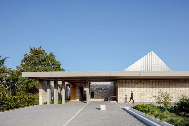 Final arrival: Looking from the formal walkway to the porte cochere and the chapel lobby to the right.