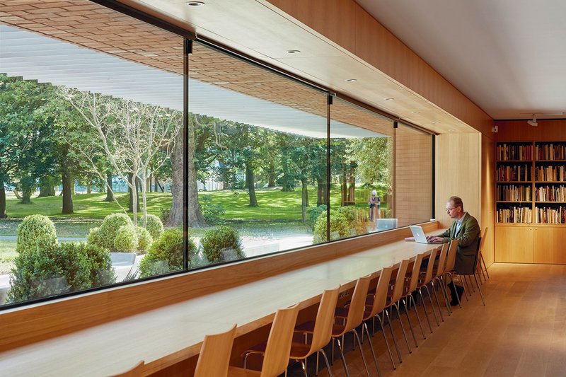 The study centre features a 13.5m wide panoramic window over the Art Garden.