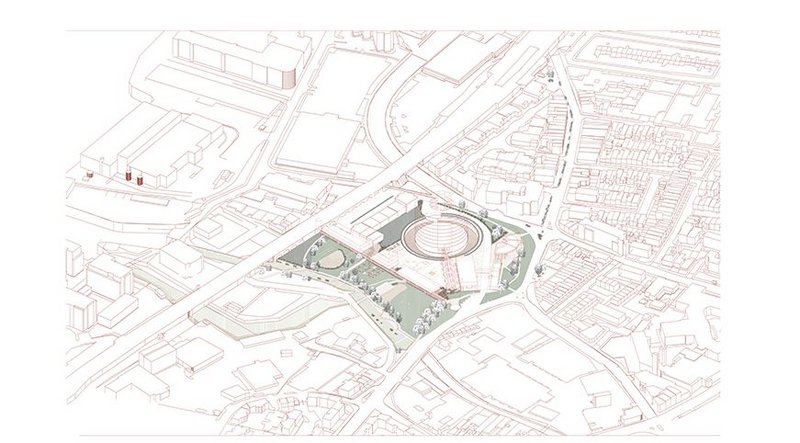 Aerial view of Tiziana Di Ronco’s recycling and re-use centre design in Wandsworth (2019). The project re-uses waste materials within the new buildings as well as re-using existing buildings and structures. At a larger scale the creation of a local, inner-city re-cycling/up-cycling centre reduces transport miles and urban pollution.