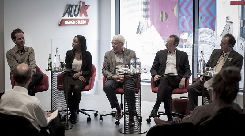 The Social Infrastructure debate panel line-up, from left: Will Sandy, creative director, The Edible Bus Stop;  Chloe Obi, head of BIM, Bouygues UK; Peter Head (chair), founder and CEO, The Ecological Sequestration Trust; Colin Ross, director, Cornerstone; and Andrew Neill, director, infrastructure finance, Investec Bank.