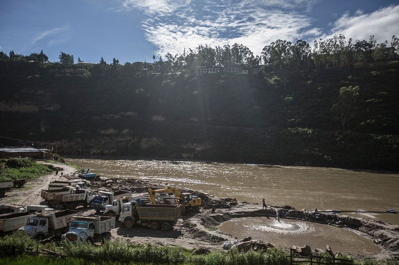 Sand dredging in the Puna Tsang Chhu river, Bhutan.