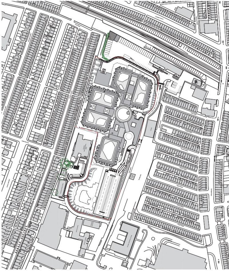 Site plan showing surrounding terraced housing and site for extra ward. Credit RMA