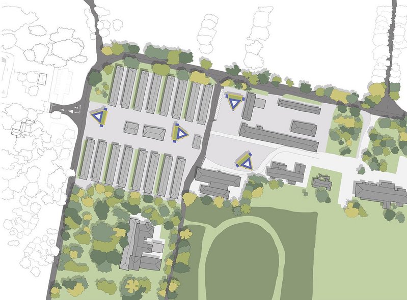 Plan of the Napier Barracks site in Folkestone including triangular-shaped pop-up structures.