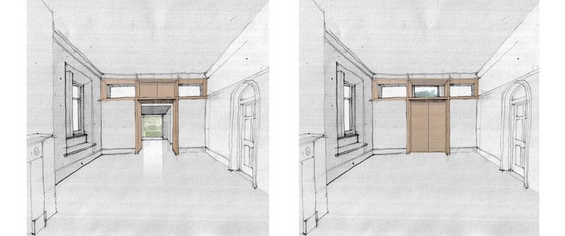 Laura Miller of Miller Clear Architects showed sketches of alternative views - of the tree-line or of the new garden room - in a historic house near Coniston.