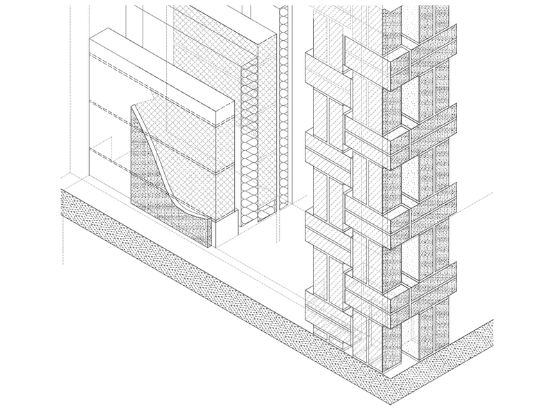 Axonometric drawing showing wall build up and corner detail of limestone brickwork.