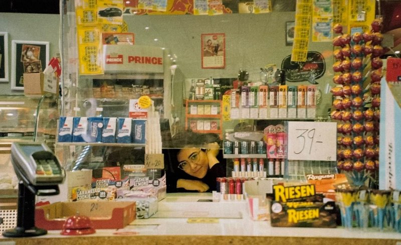 Emilia Chegini in her family’s kiosk in Sweden.