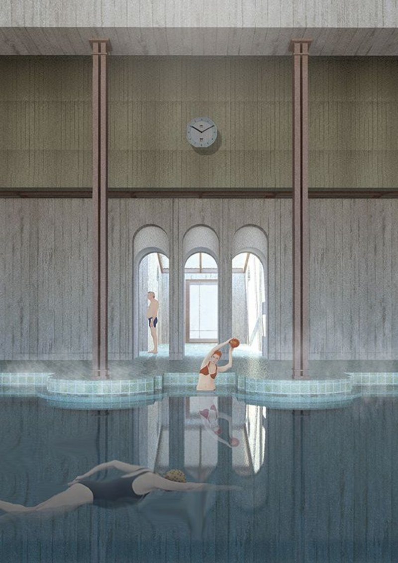 ‘Frigidarium depicts a moment in a swimming pool for the elderly and explores architectural elements in regards to cognitive perception and therapeutic environments.’