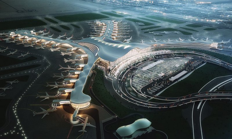 Abu Dhabi airport’s sprawling ‘X’ form is making the building site the largest in the world.