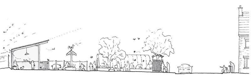 Sketch section showing the new multi-functional indoor space and its relationship with St James’ residential streets.