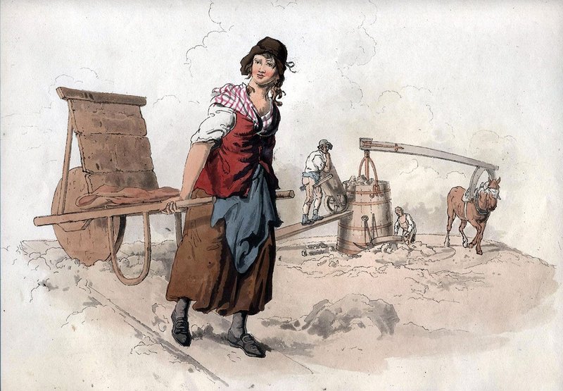Young woman pulling a crowding barrow. ‘The Brickmaker’ from WH Pyne, Costume of Great Britain (1808).