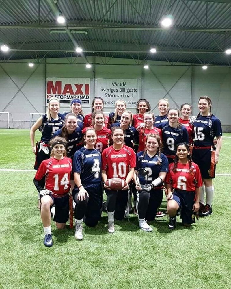 Anureena D’costa in the GB flag football squad at a tournament in Sweden.